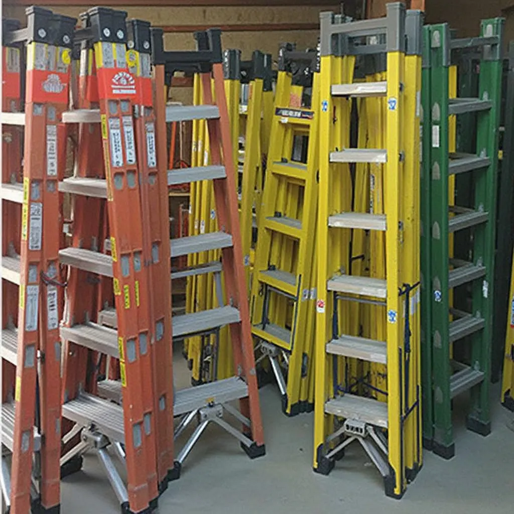 Variedad de escaleras almacenadas y listas para alquilar en la tienda.