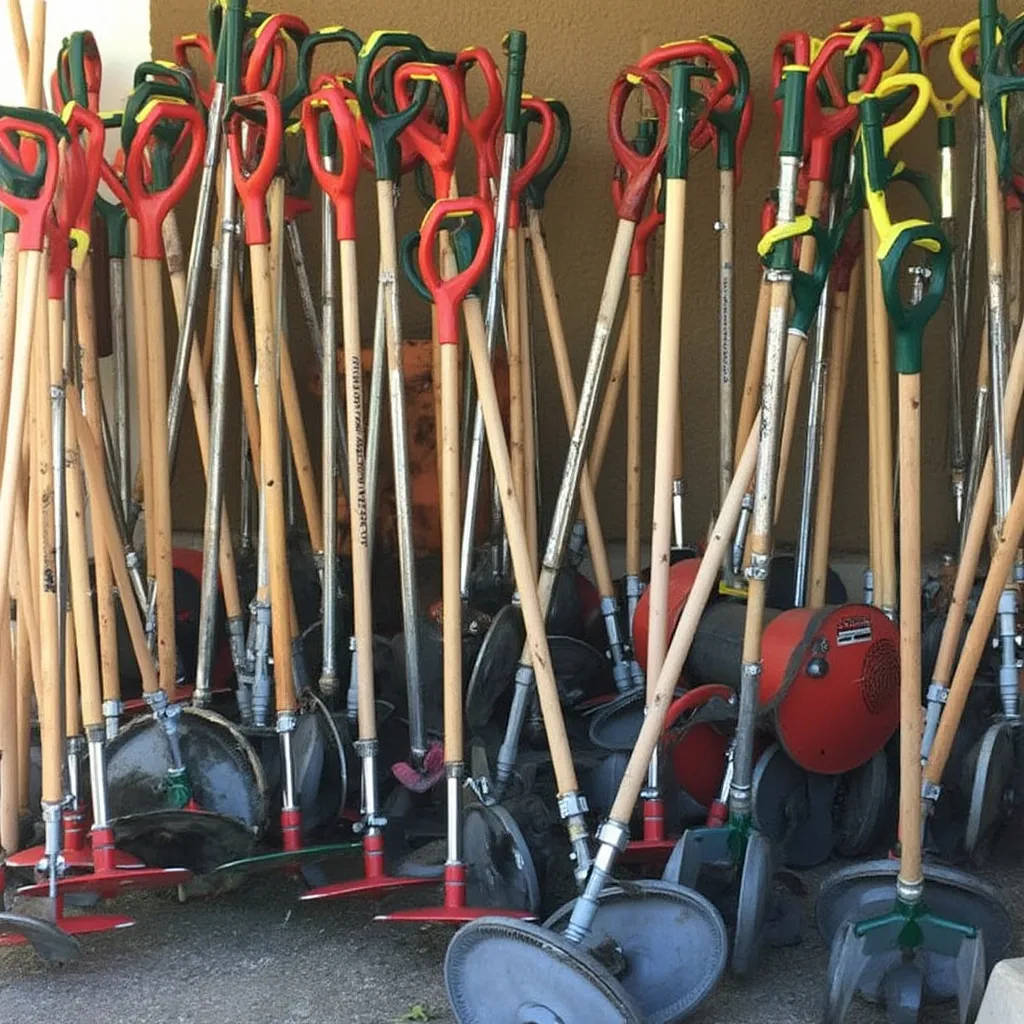 Herramientas de jardinería especializadas, como motocultores y podadoras, listas para alquilar.
